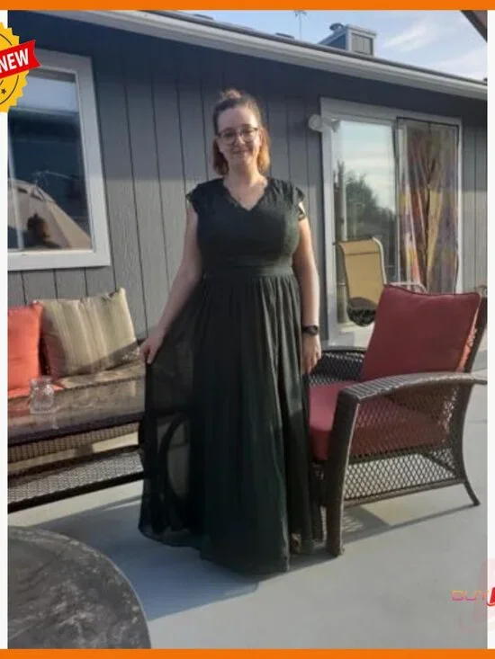 V-Neck Sleeveless Lace Formal Gown, Zipper Back, Chiffon Skirt - Picture 2 of 6